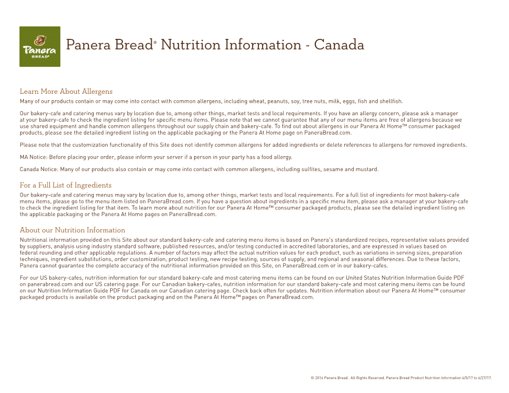 Panera Bread® Nutrition Information - Canada