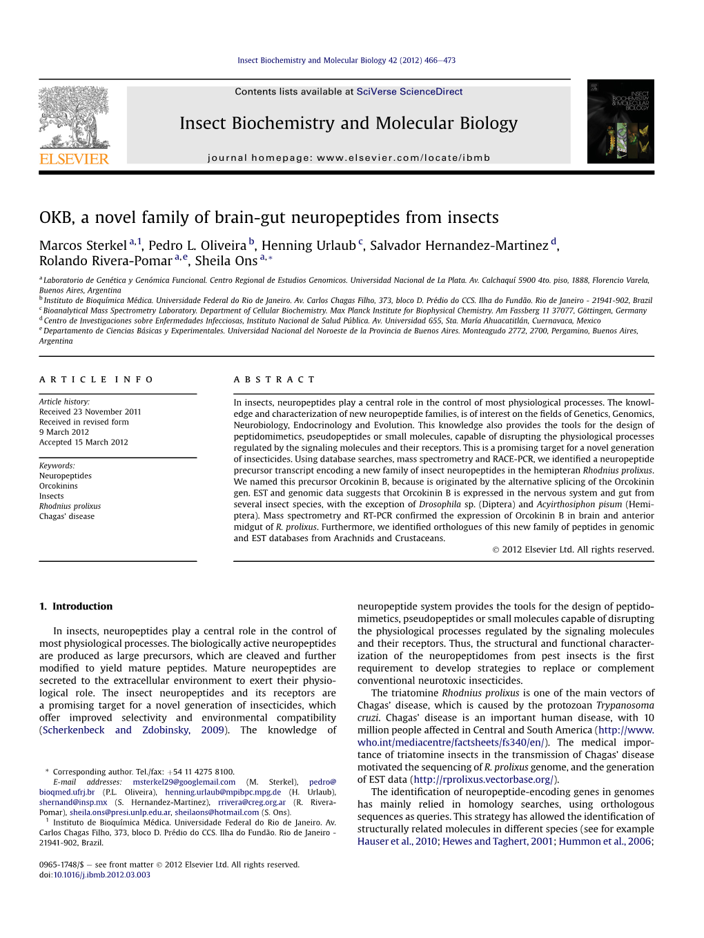 OKB, a Novel Family of Brain-Gut Neuropeptides from Insects