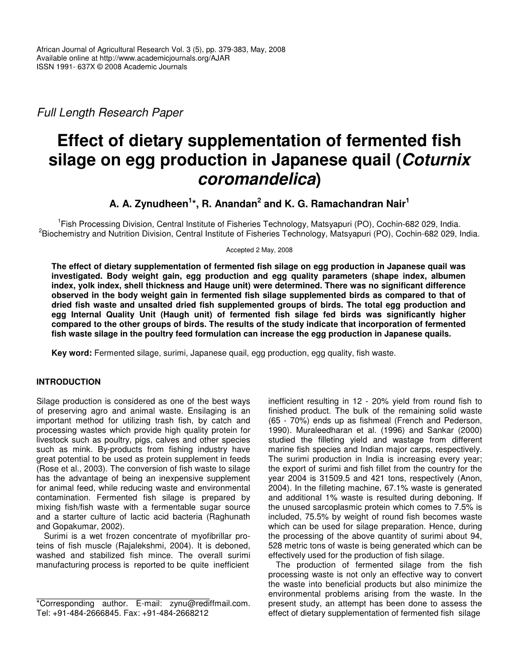 Effect of Dietary Supplementation of Fermented Fish Silage on Egg Production in Japanese Quail (Coturnix Coromandelica)