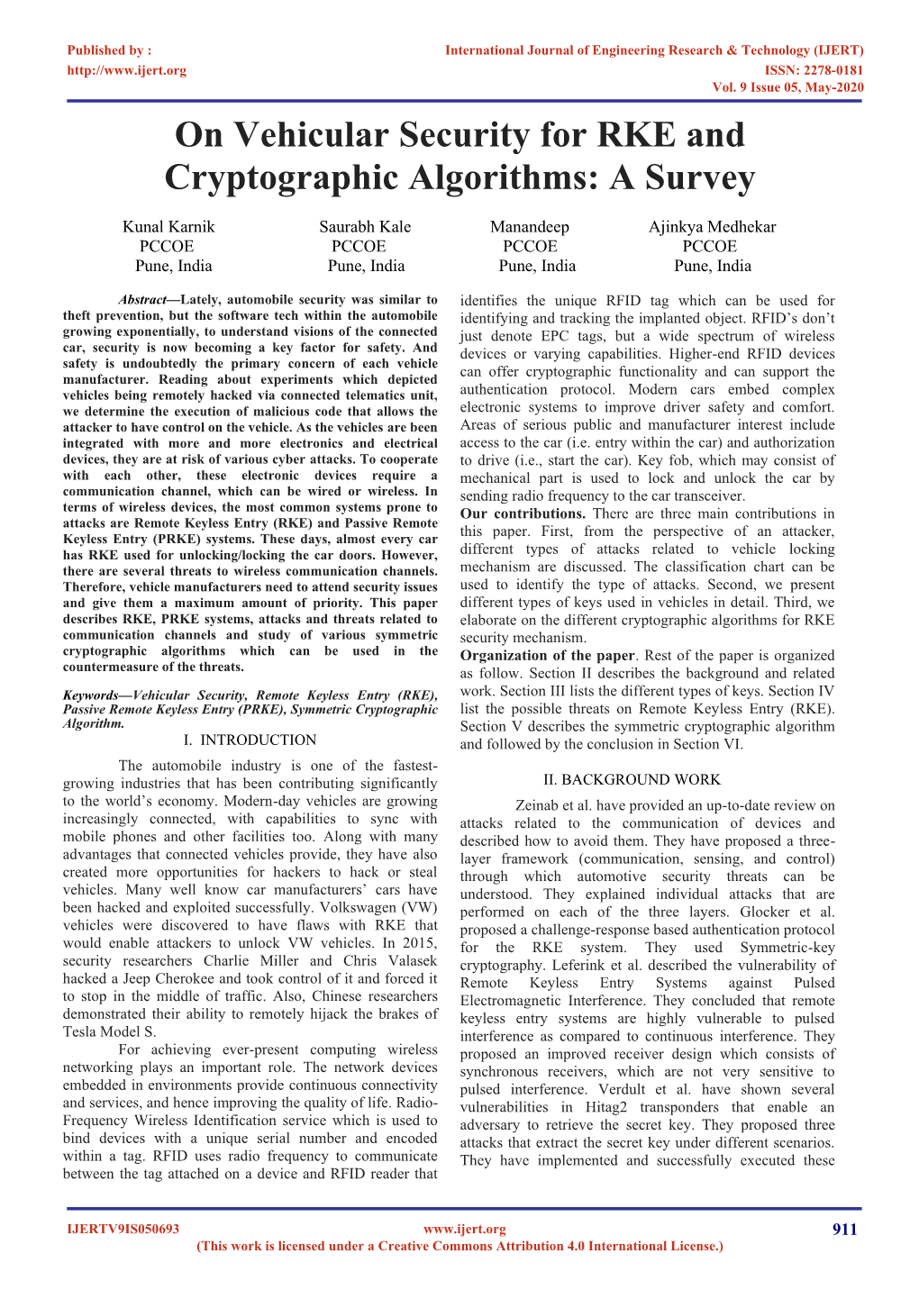 On Vehicular Security for RKE and Cryptographic Algorithms: a Survey