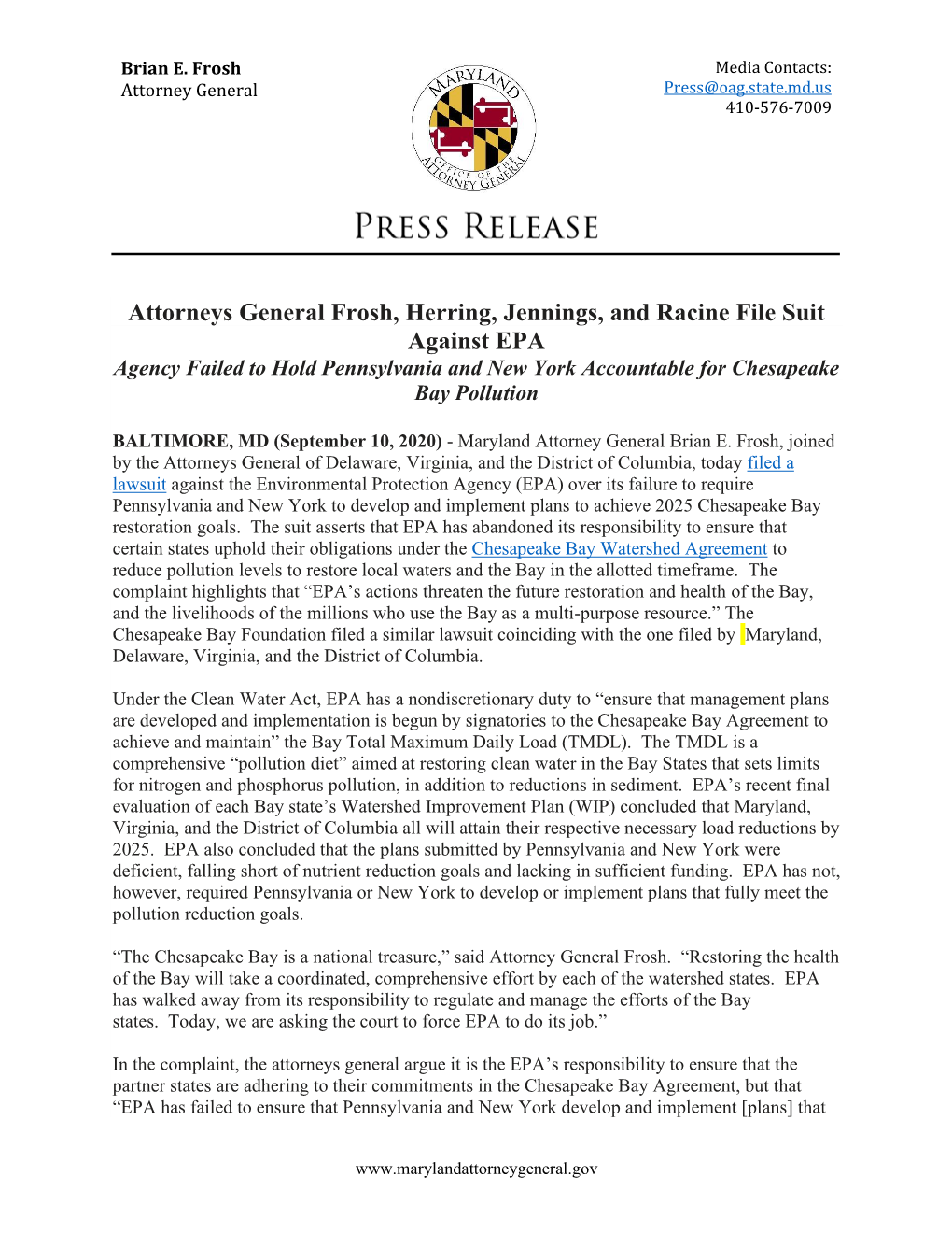 Attorneys General Frosh, Herring, Jennings, and Racine File Suit Against EPA Agency Failed to Hold Pennsylvania and New York Accountable for Chesapeake Bay Pollution