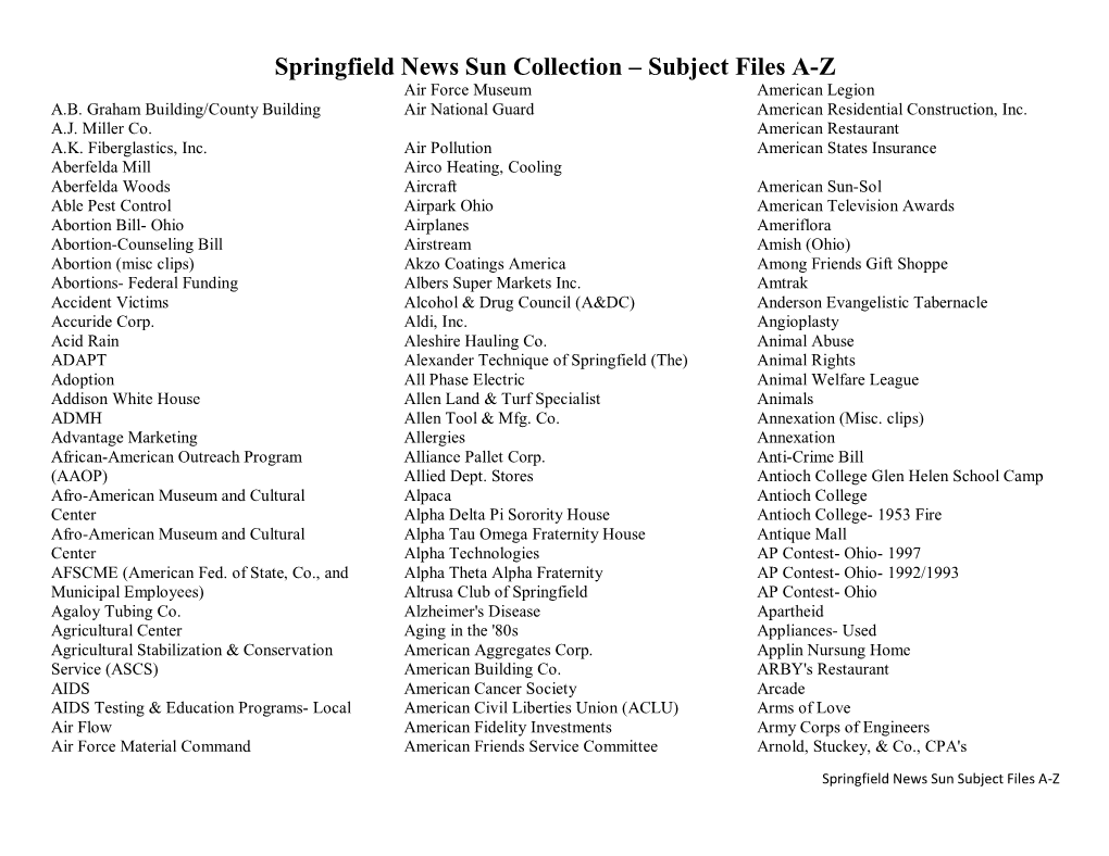 Springfield News Sun Collection – Subject Files A-Z Air Force Museum American Legion A.B