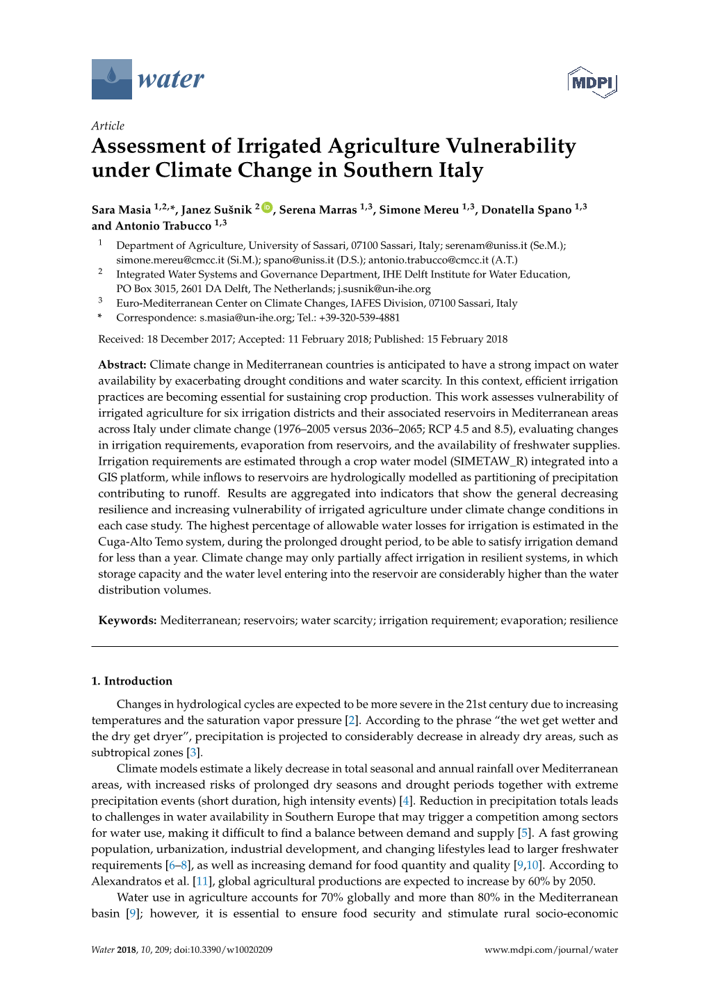 Assessment of Irrigated Agriculture Vulnerability Under Climate Change in Southern Italy