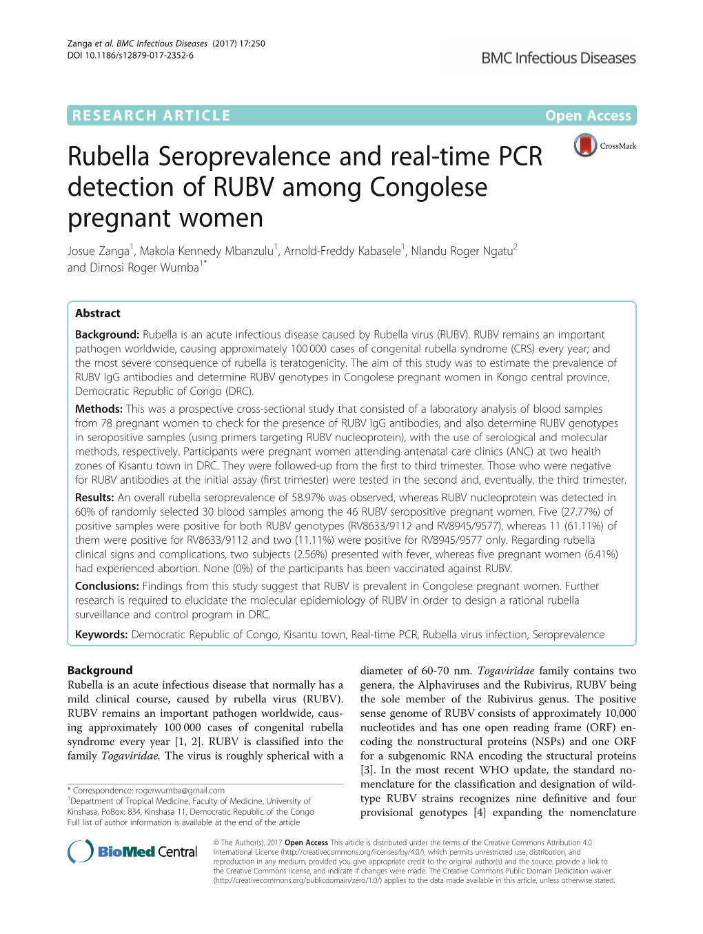 Rubella Seroprevalence and Real-Time PCR Detection of RUBV