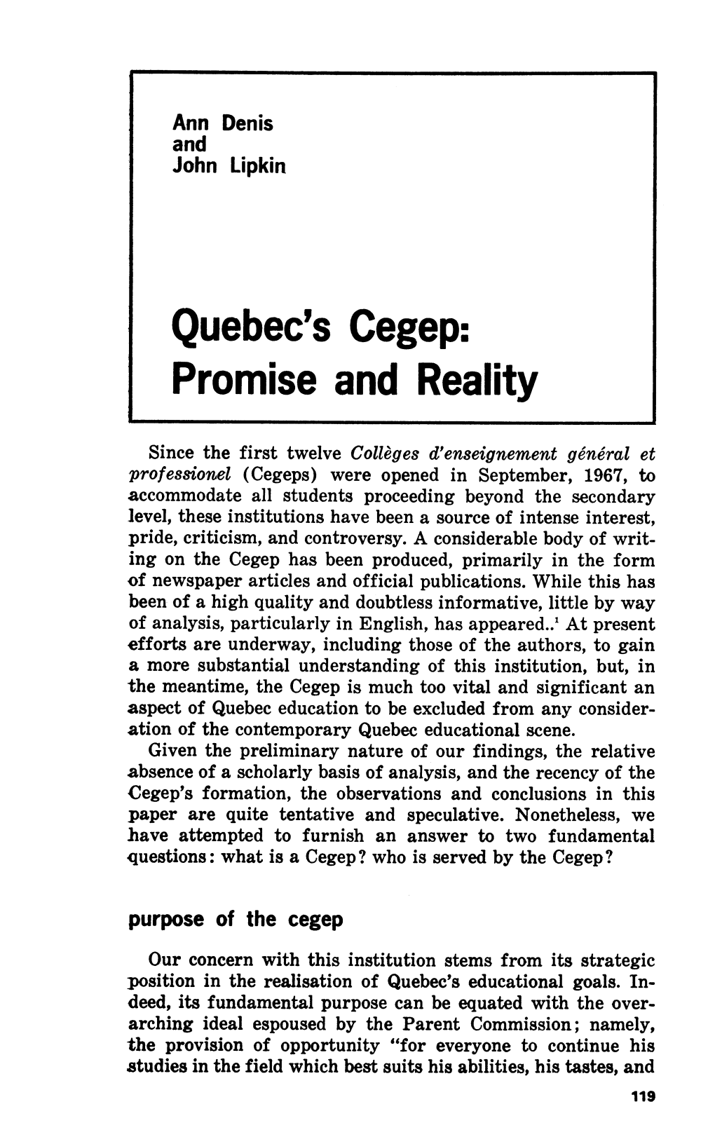 Quebec's Cegep: Promise and Reality
