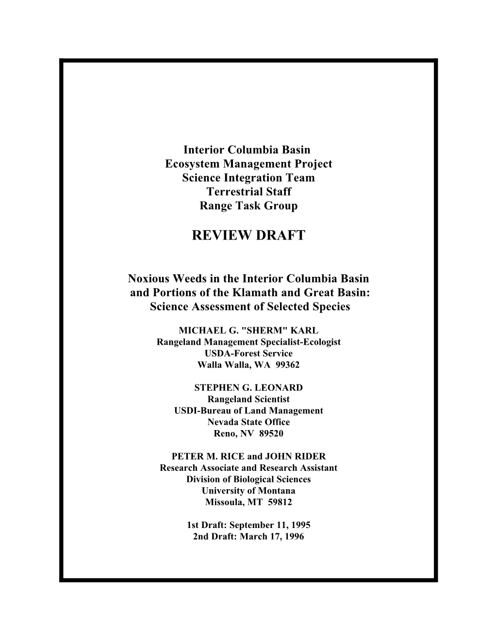 Noxious Weeds in the Interior Columbia Basin and Portions of the Klamath and Great Basin: Science Assessment of Selected Species