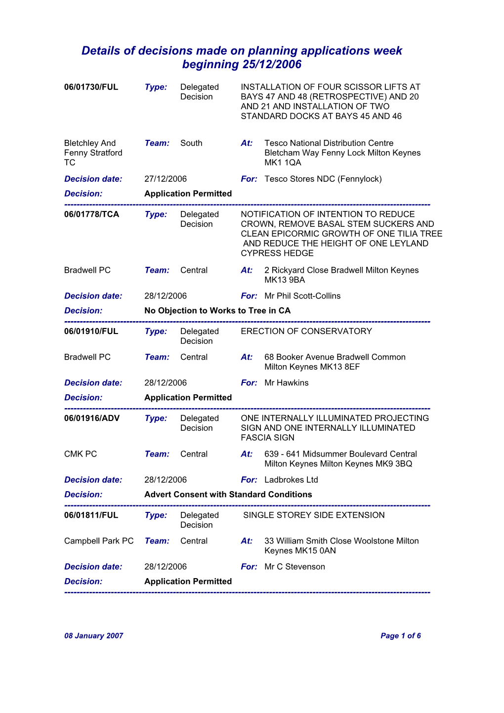 Details of Decisions Made on Planning Applications Week Beginning 25/12/2006