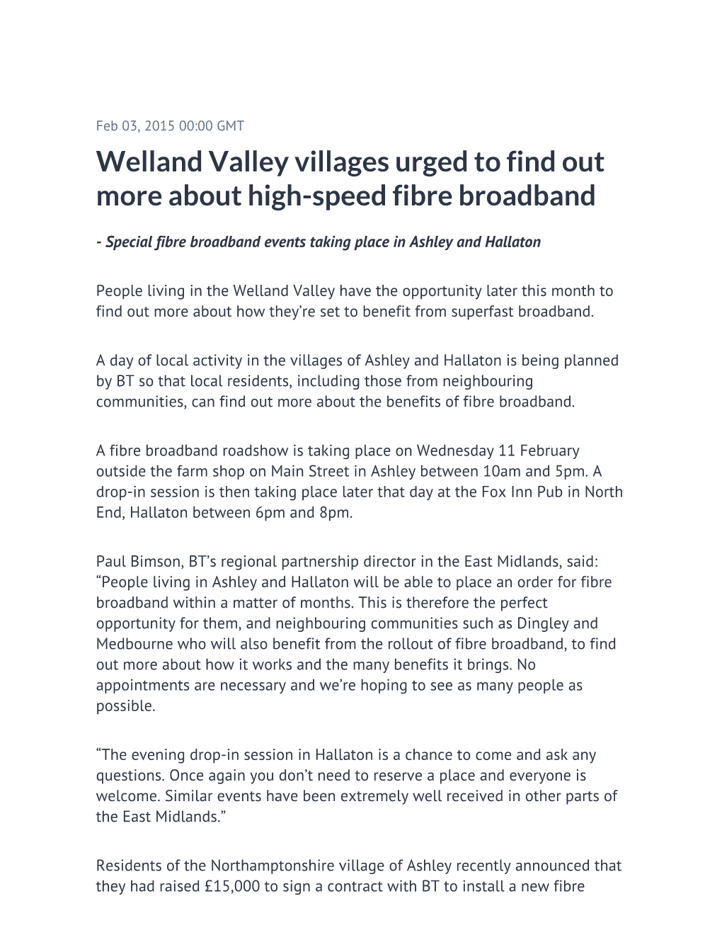 Welland Valley Villages Urged to Find out More About High-Speed Fibre Broadband