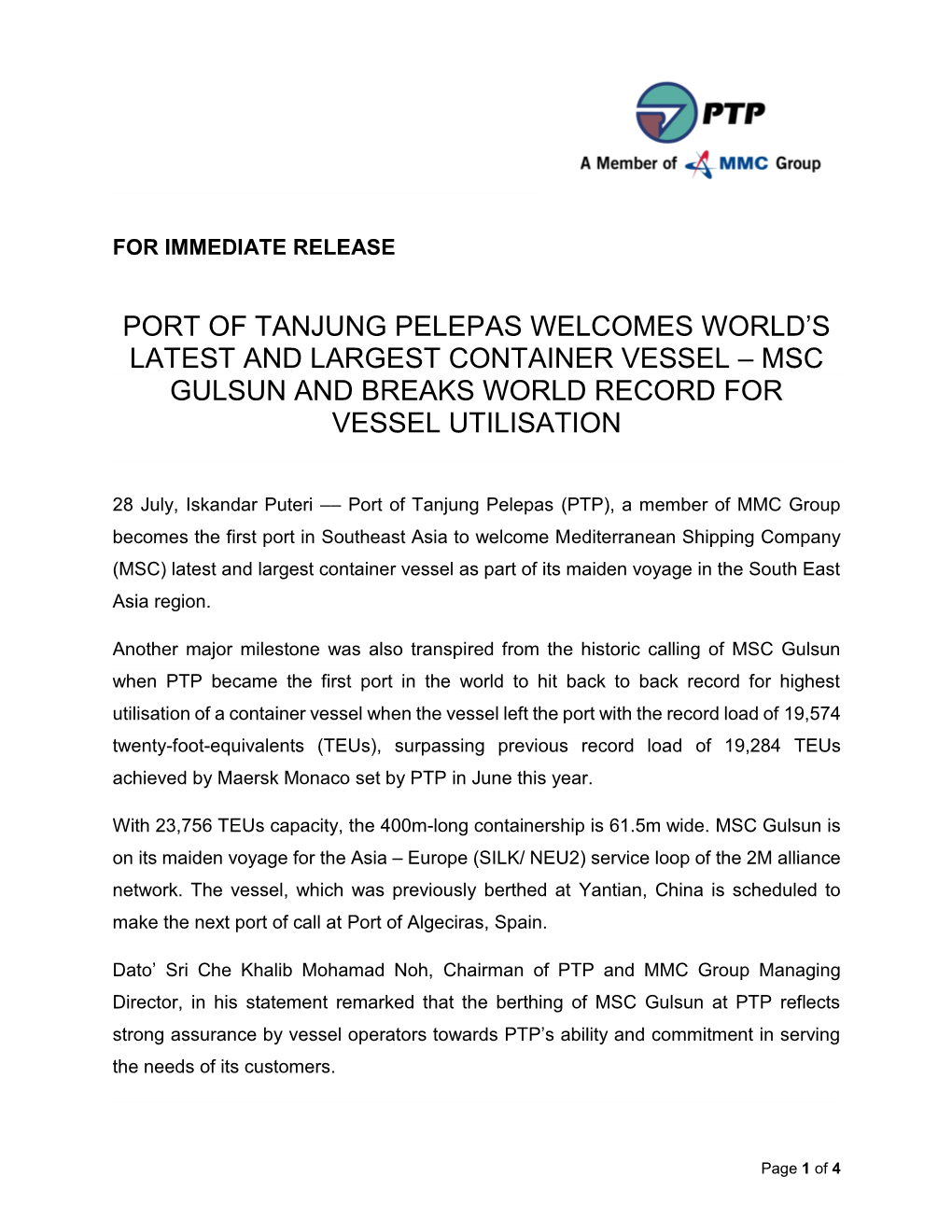 Msc Gulsun and Breaks World Record for Vessel Utilisation