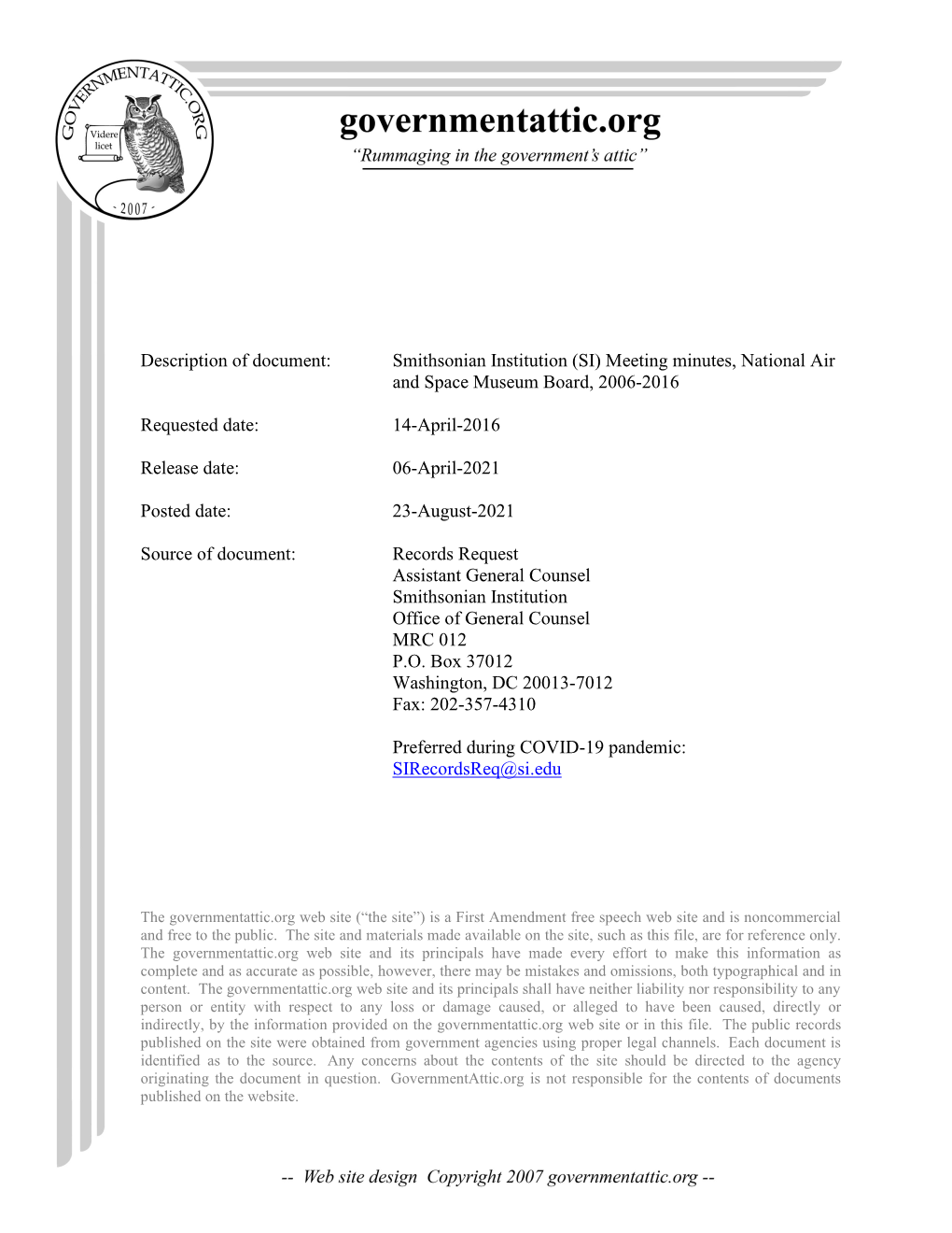 Smithsonian Institution (SI) Meeting Minutes, National Air and Space Museum Board, 2006-2016