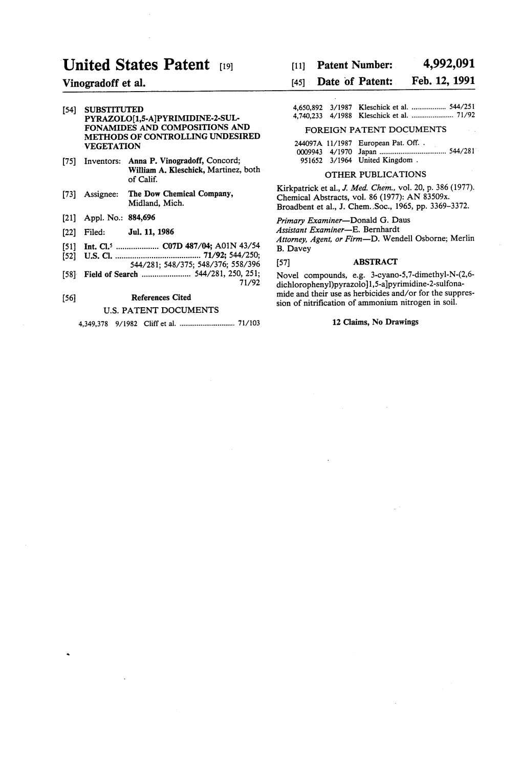 United States Patent (19) 11 Patent Number: 4,992,091 Vinogradoff Et Al
