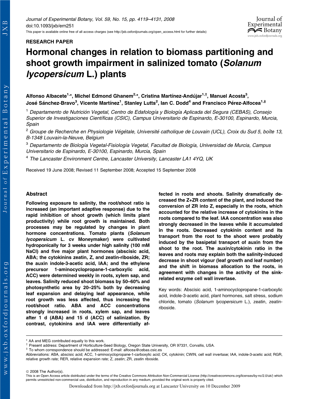 Hormonal Changes in Relation to Biomass Partitioning and Shoot Growth Impairment in Salinized Tomato (Solanum Lycopersicum L.) Plants