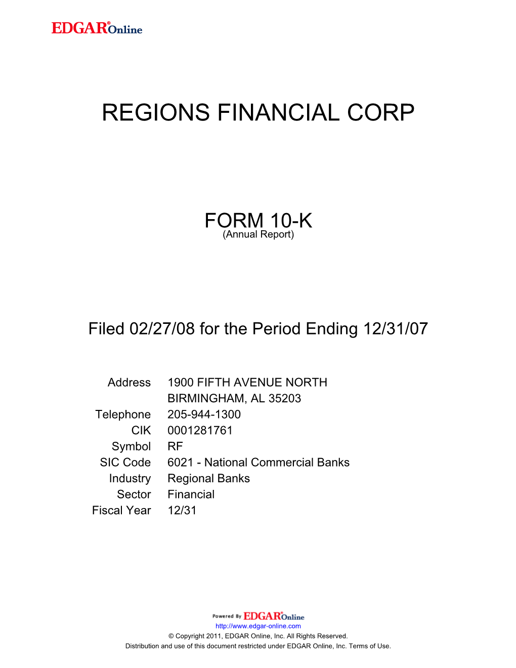 REGIONS FINANCIAL CORPORATION (Exact Name of Registrant As Specified in Its Charter)