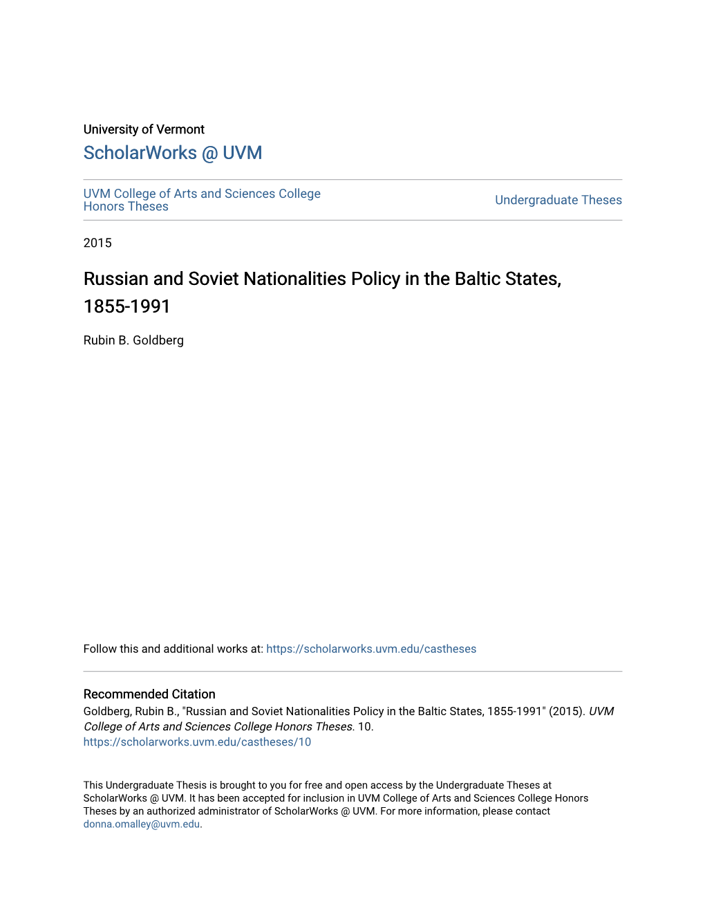 Russian and Soviet Nationalities Policy in the Baltic States, 1855-1991