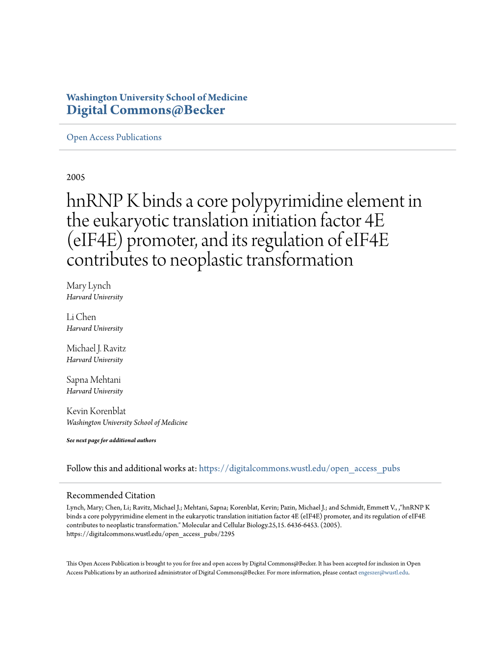 Hnrnp K Binds a Core Polypyrimidine Element in the Eukaryotic Translation Initiation Factor 4E (Eif4e) Promoter, and Its Regulat