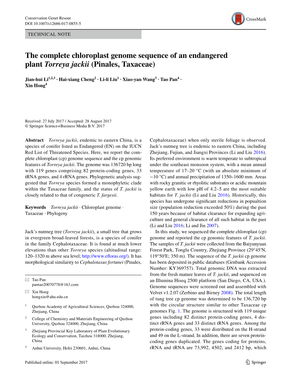 The Complete Chloroplast Genome Sequence of an Endangered Plant Torreya Jackii (Pinales, Taxaceae)