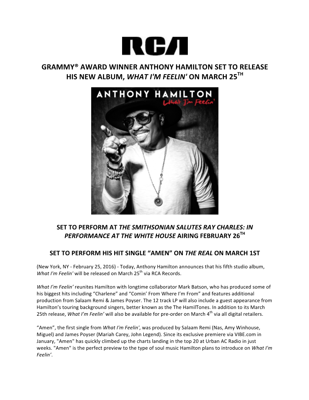 Grammy® Award Winner Anthony Hamilton Set to Release His New Album, What I'm Feelin' on March 25Th