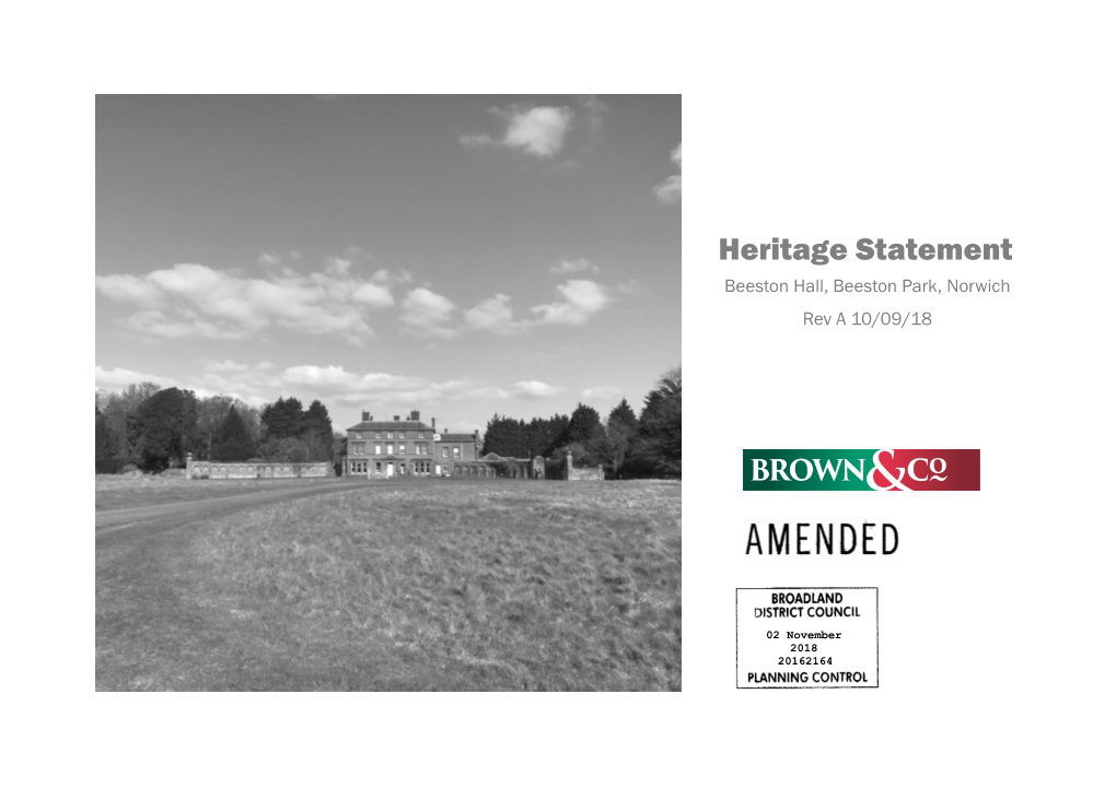 Heritage Statement Beeston Hall, Beeston Park, Norwich Rev a 10/09/18 CONTENTS
