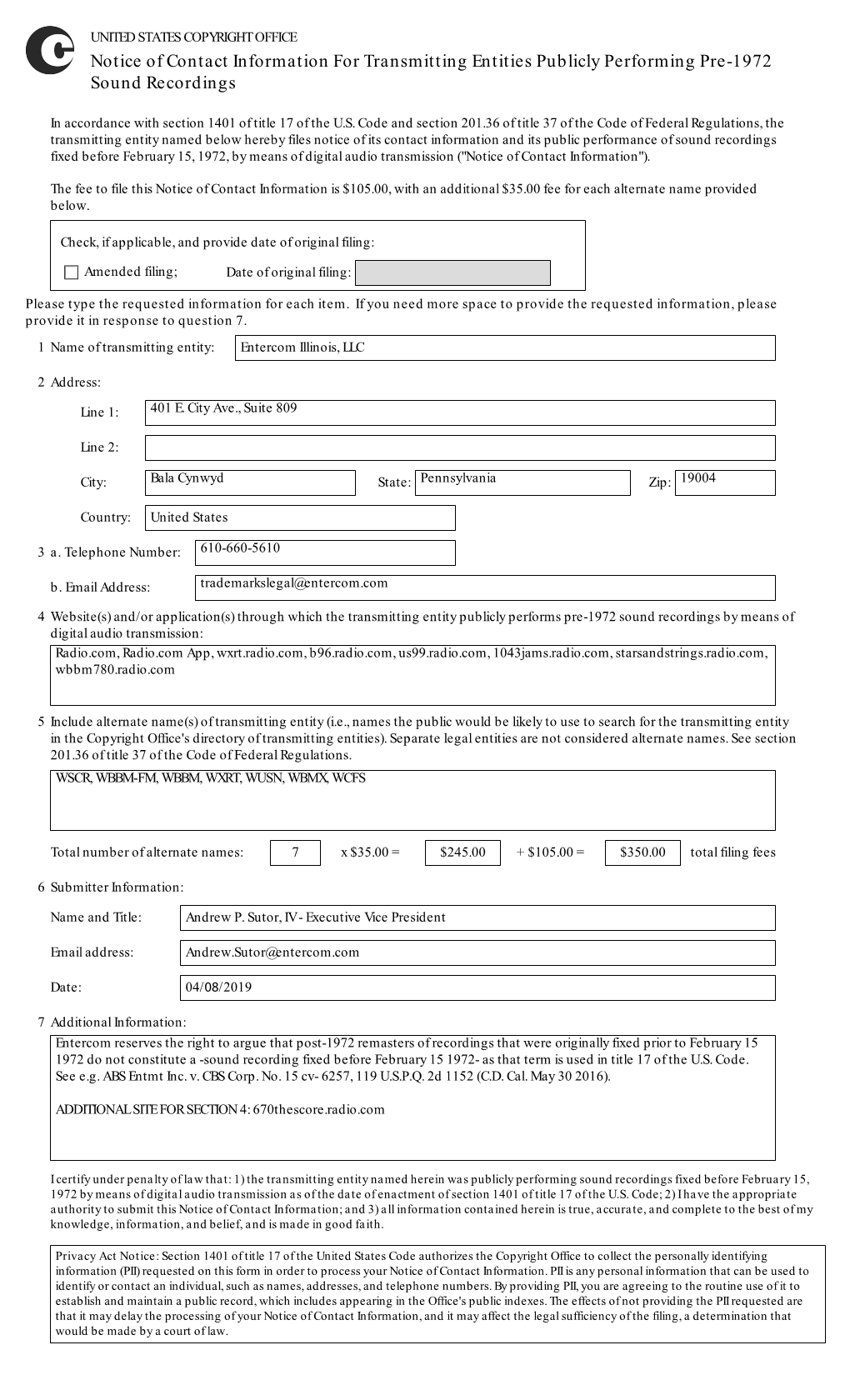 Notice of Contact Information for Transmitting Entities Publicly Performing Pre-1972 Sound Recordings