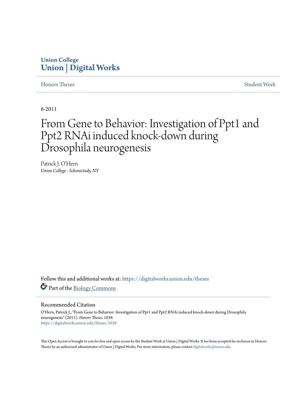 From Gene to Behavior: Investigation of Ppt1 and Ppt2 Rnai Induced Knock-Down During Drosophila Neurogenesis Patrick J