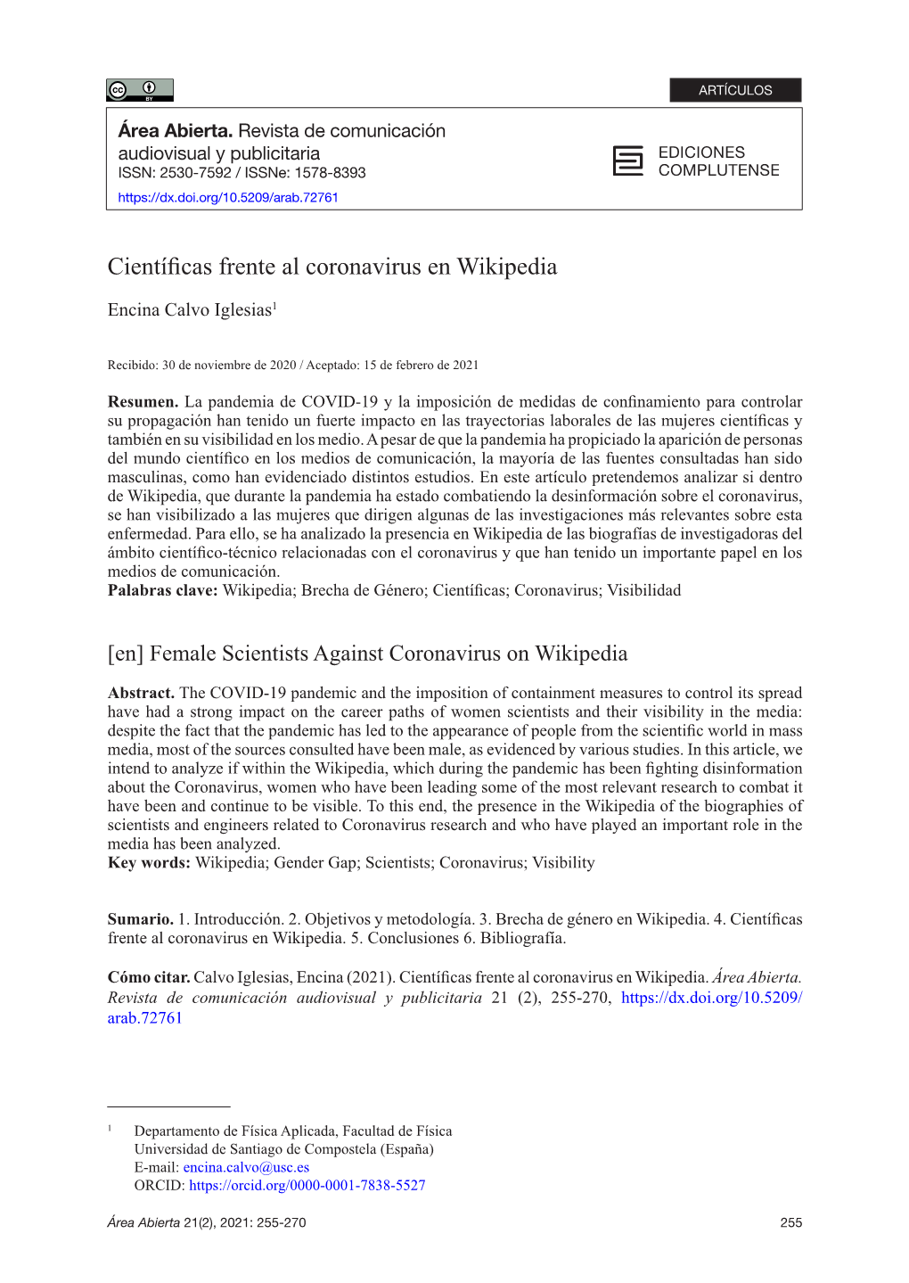 Científicas Frente Al Coronavirus En Wikipedia