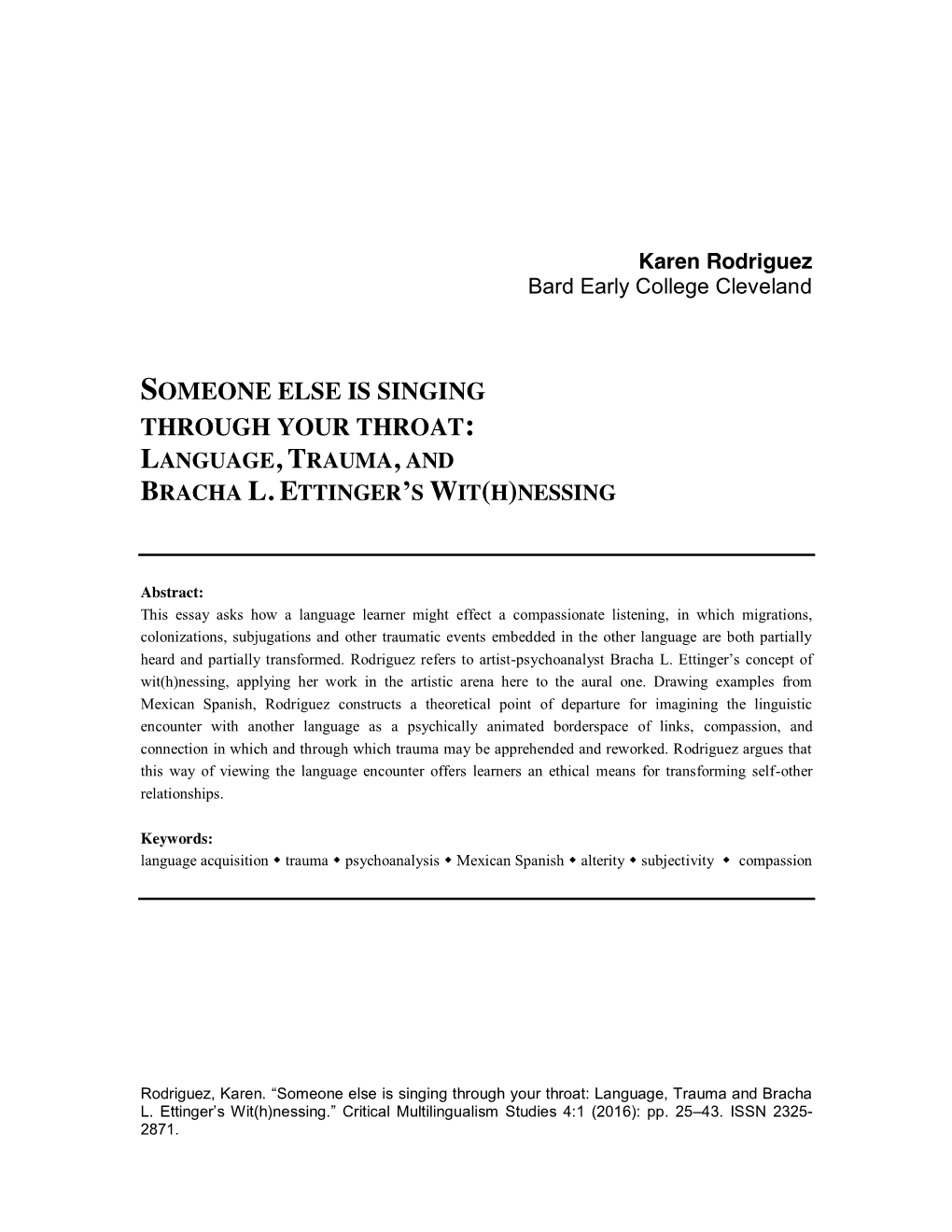 Someone Else Is Singing Through Your Throat: Language, Trauma, and Bracha L