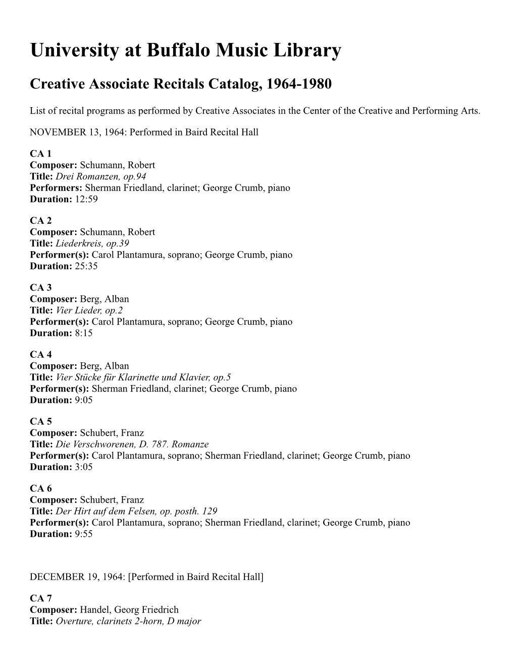 Creative Associate Recitals Catalog 1964 to 1980