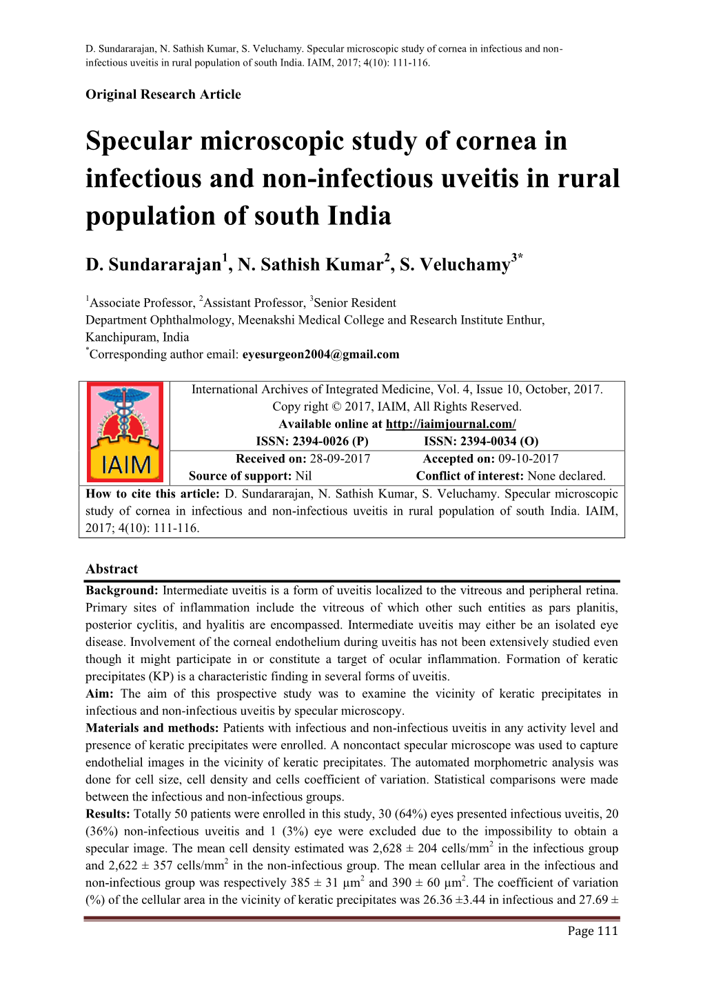 Specular Microscopic Study of Cornea in Infectious and Non-Infectious Uveitis in Rural Population of South India