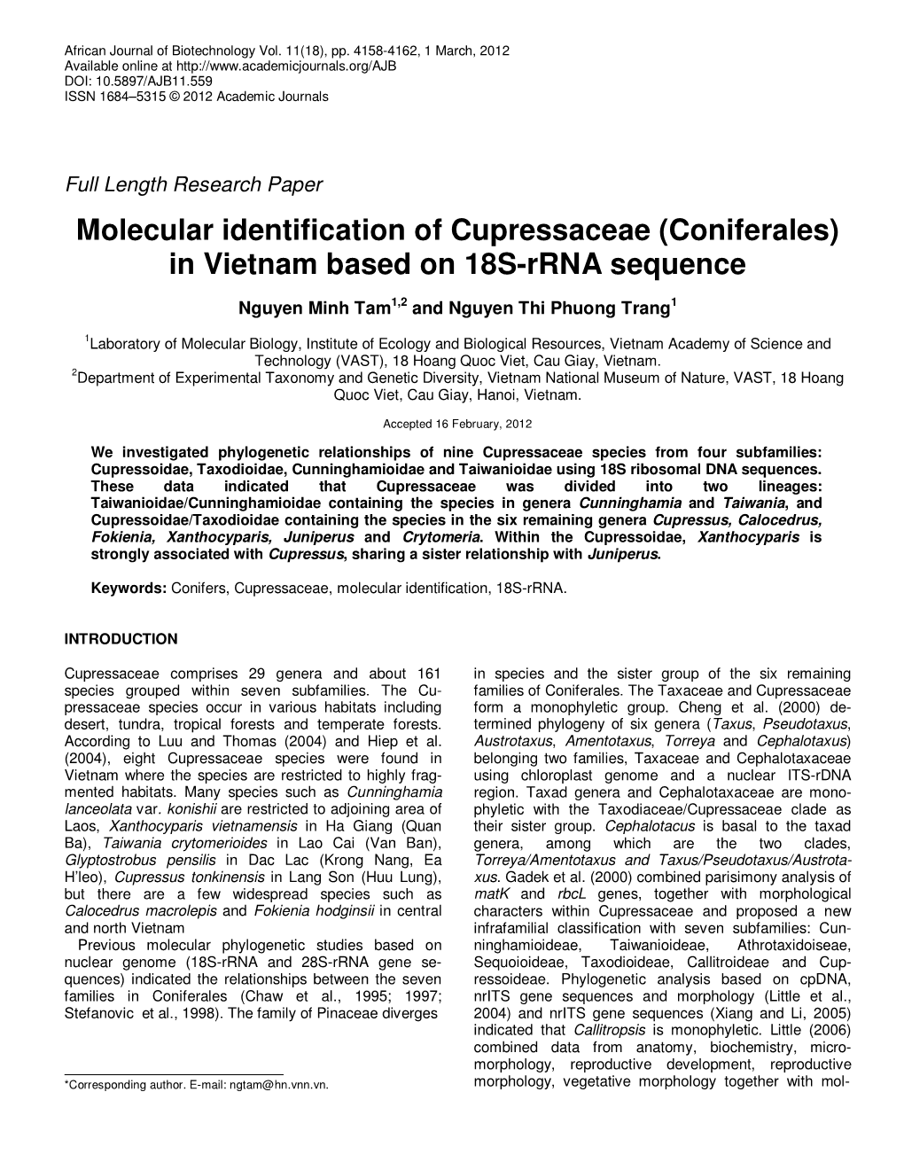 Molecular Identification of Cupressaceae (Coniferales) in Vietnam Based on 18S-Rrna Sequence