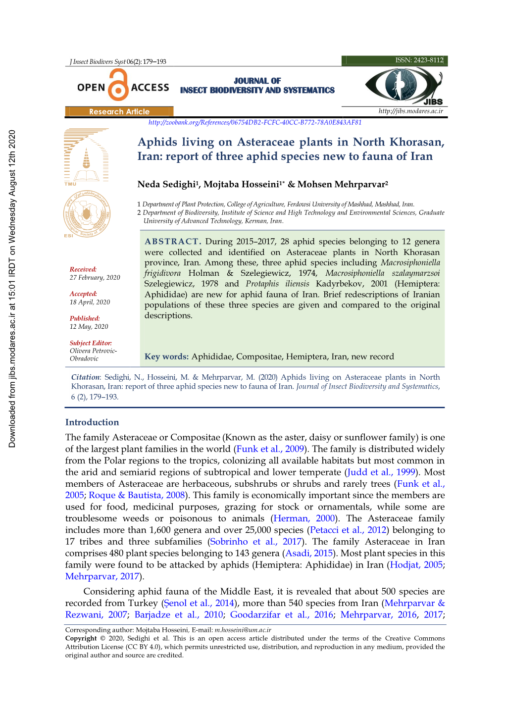 Aphids Living on Asteraceae Plants in North Khorasan, Iran: Report of Three Aphid Species New to Fauna of Iran