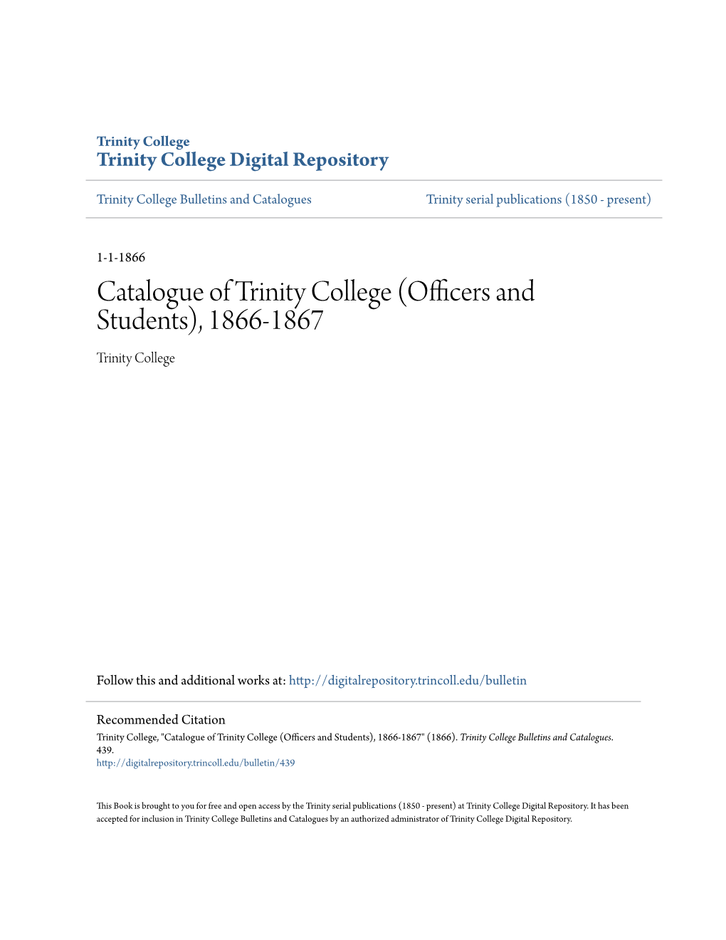 Catalogue of Trinity College (Officers and Students), 1866-1867 Trinity College