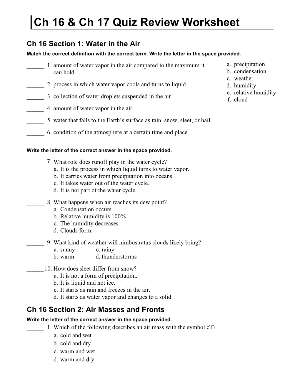 Ch 16 & Ch 17 Quiz Review Worksheet