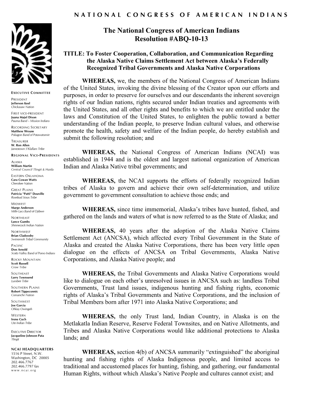 The National Congress of American Indians Resolution #ABQ-10-13