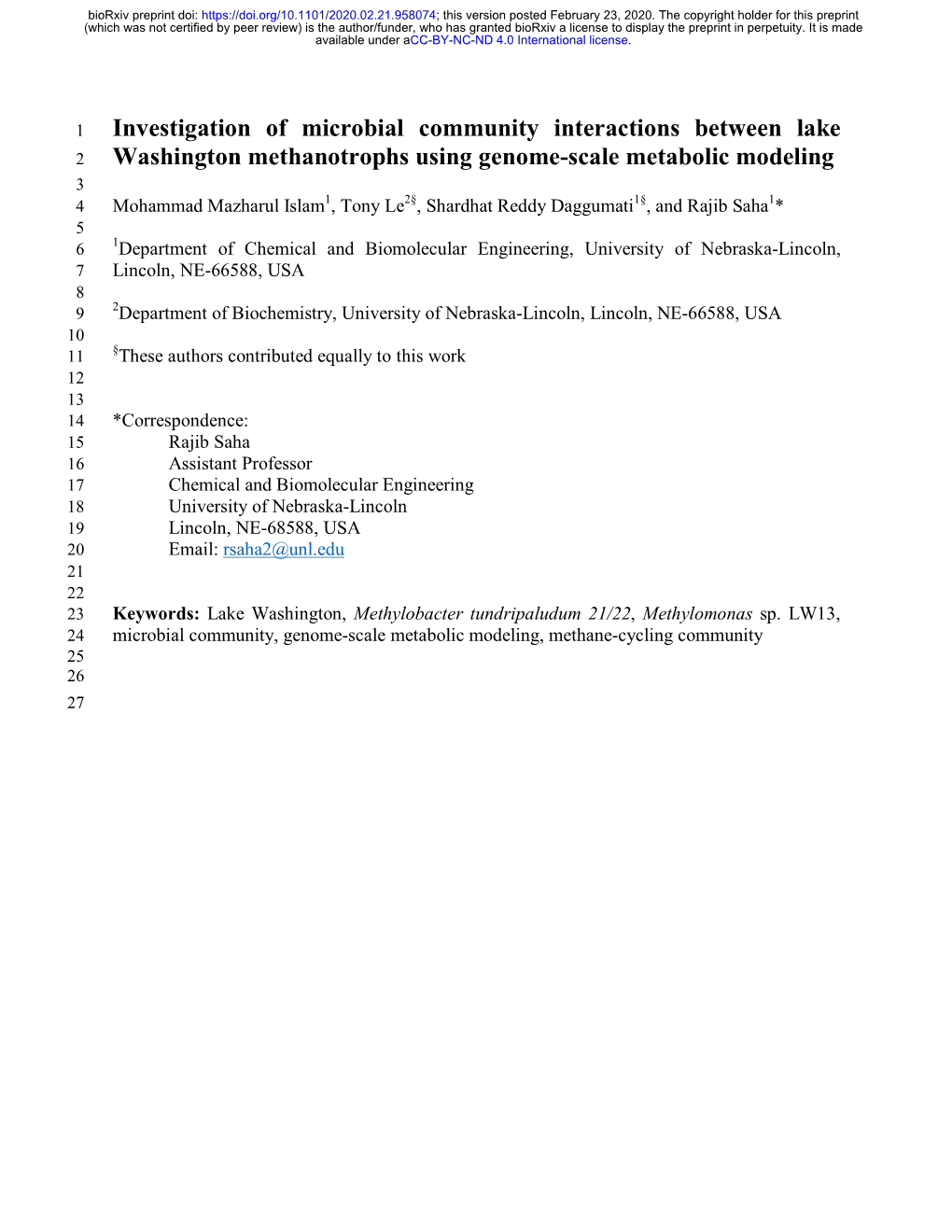 Investigation of Microbial Community Interactions Between Lake