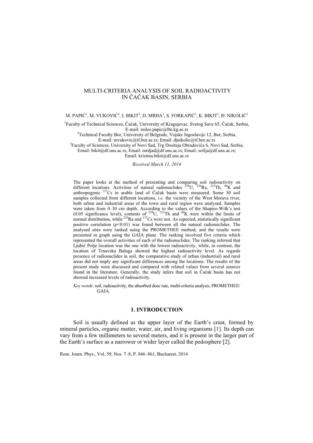 Multi-Criteria Analysis of Soil Radioactivity in Čačak Basin, Serbia