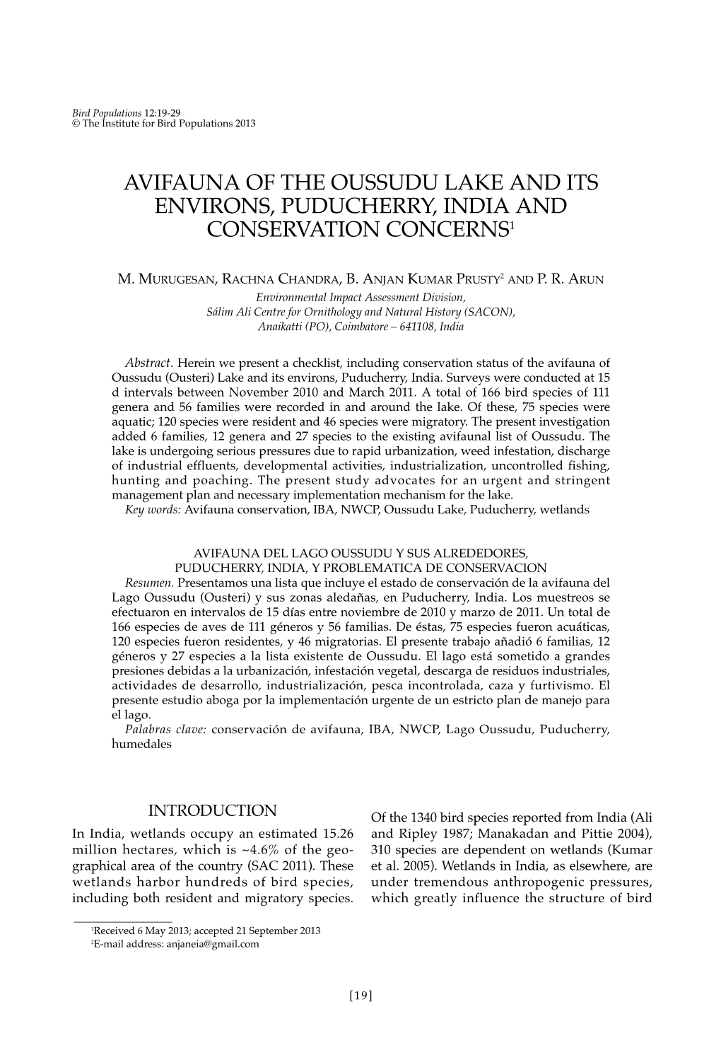 Avifauna of the Oussudu Lake and Its Environs, Puducherry, India and Conservation Concerns1