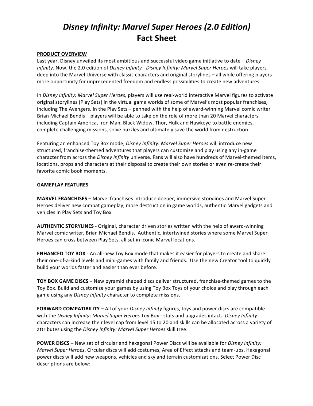 Disney Infinity: Marvel Super Heroes (2.0 Edition) Fact Sheet