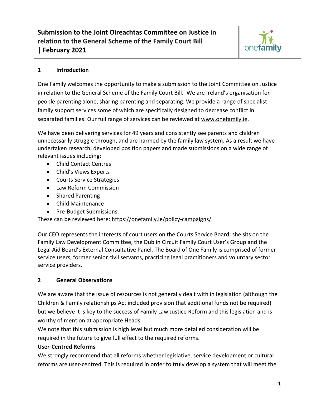 Submission to the Joint Oireachtas Committee on Justice in Relation to the General Scheme of the Family Court Bill | February 2021