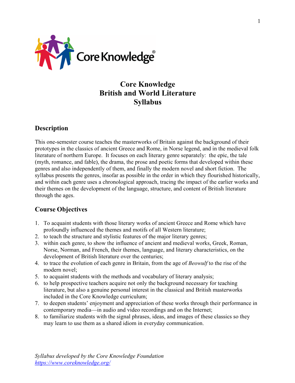 Core Knowledge British and World Literature Syllabus