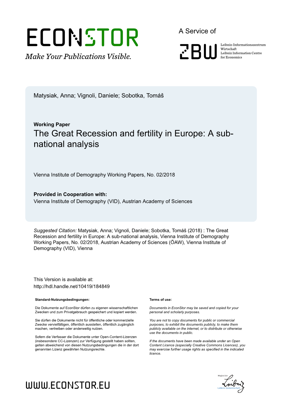 The Great Recession and Fertility in Europe: a Sub-National Analysis, Vienna Institute of Demography Working Papers, No