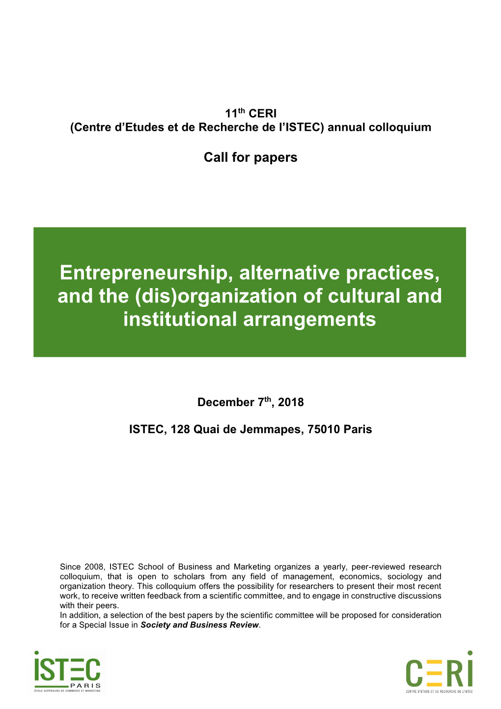 Entrepreneurship, Alternative Practices, and the (Dis)Organization