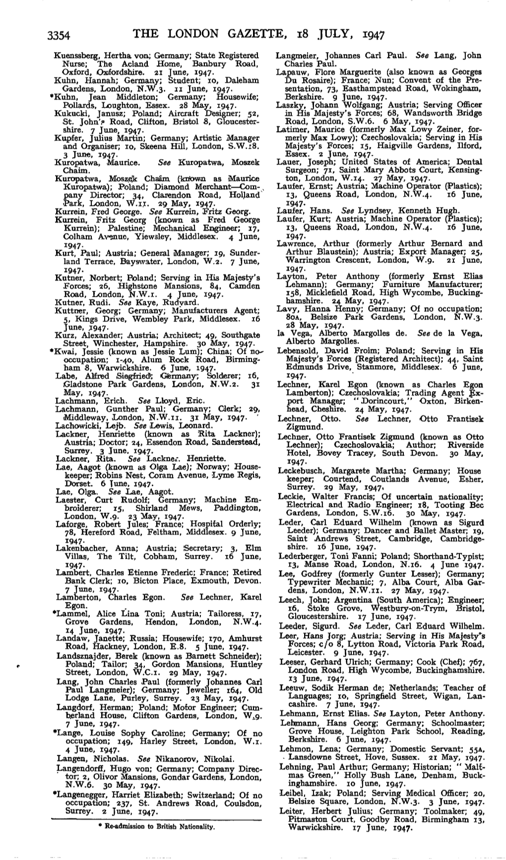 3354 the LONDON GAZETTE, 18 JULY, 1947 Kuenssberg, Hertha Von; Germany; State Registered Langmeier, Johannes Carl Paul