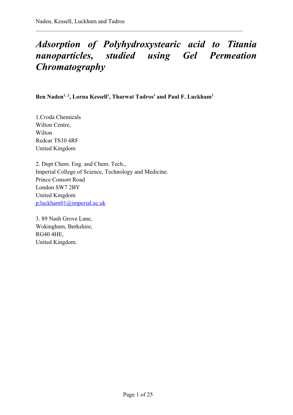 Adsorption of Polyhydroxystearic Acid to Titania Nanoparticles, Studied Using Gel Permeation