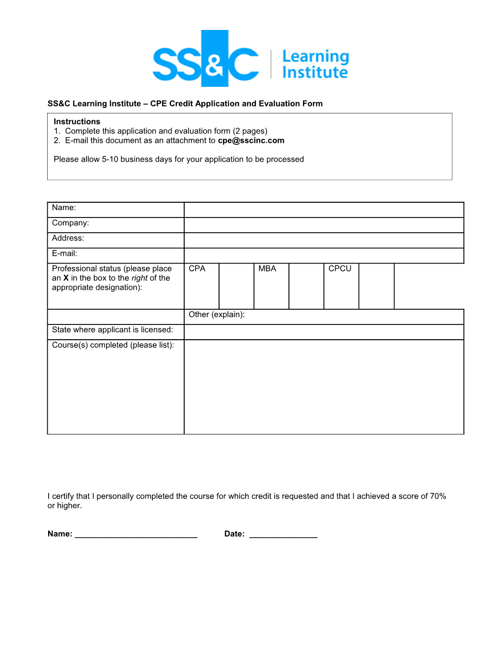 SS&C Zoologic Learning Solutions – CPE Credit Application