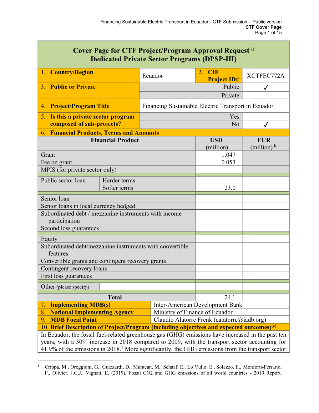 Cover Page for CTF Project/Program Approval Request[A] Dedicated Private Sector Programs (DPSP-III)