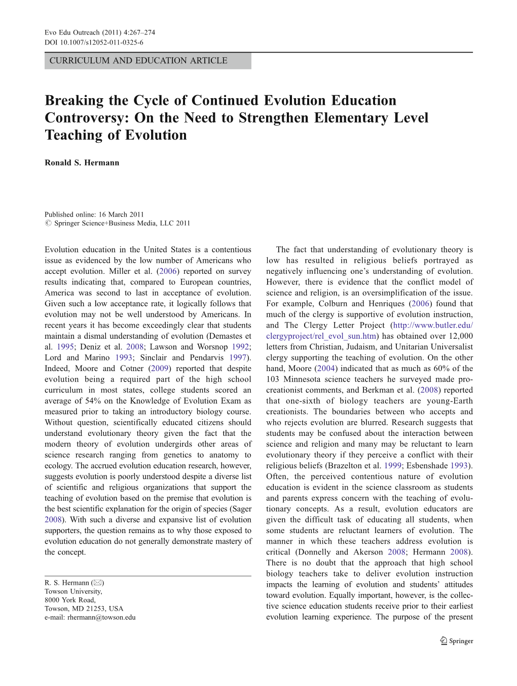 Breaking the Cycle of Continued Evolution Education Controversy: on the Need to Strengthen Elementary Level Teaching of Evolution