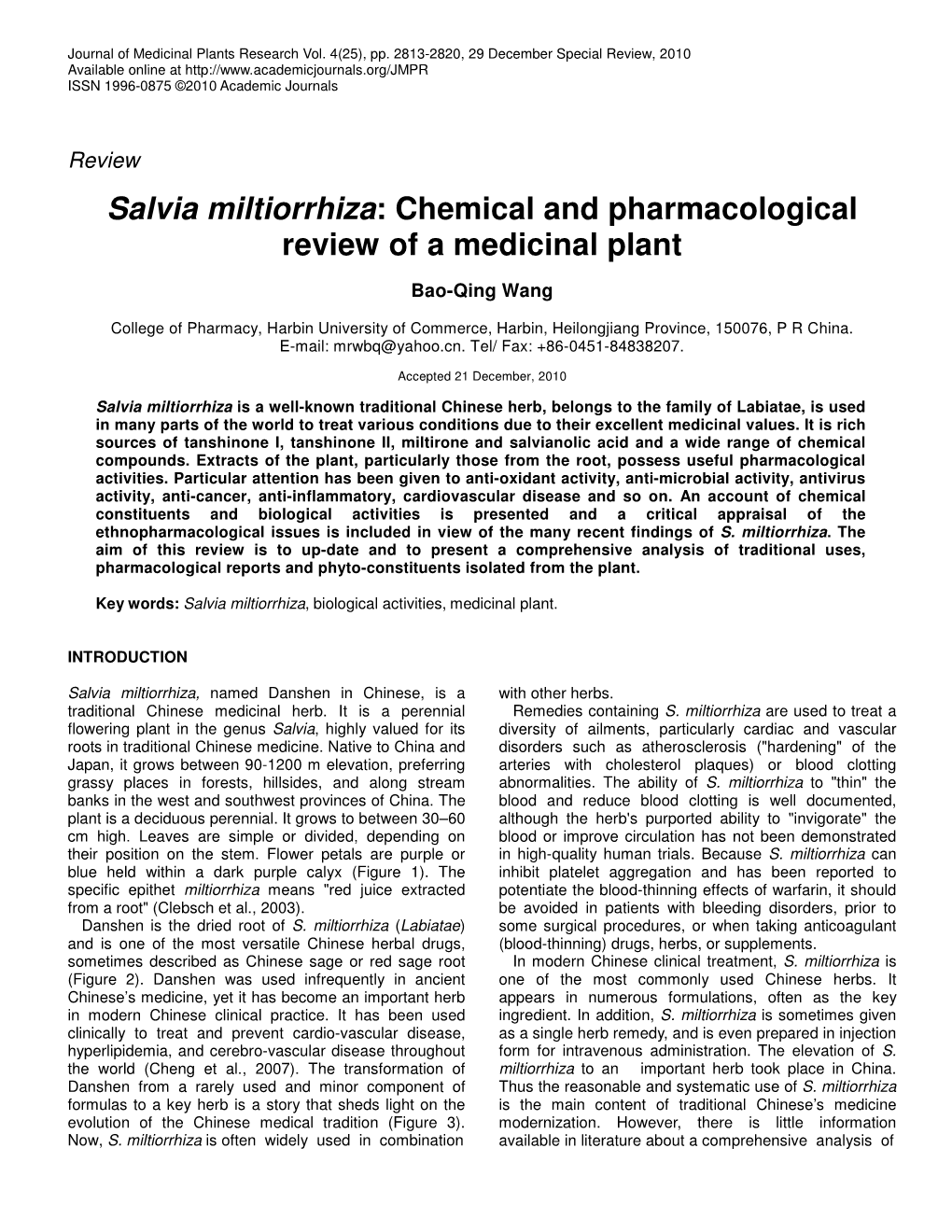 Salvia Miltiorrhiza: Chemical and Pharmacological Review of a Medicinal Plant