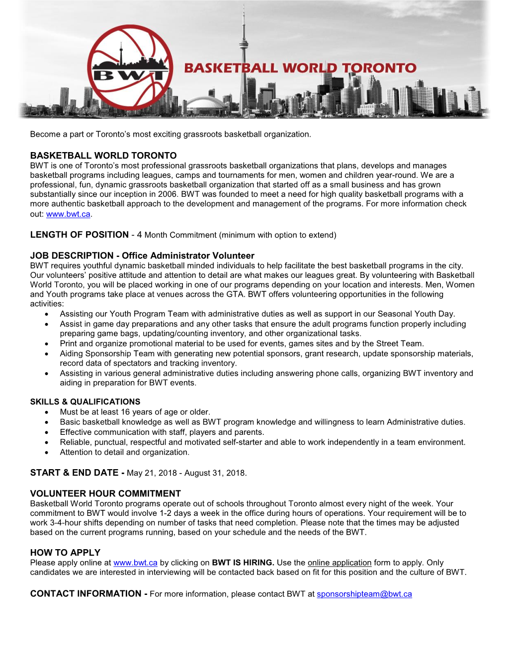 Basketball World Toronto Job Description