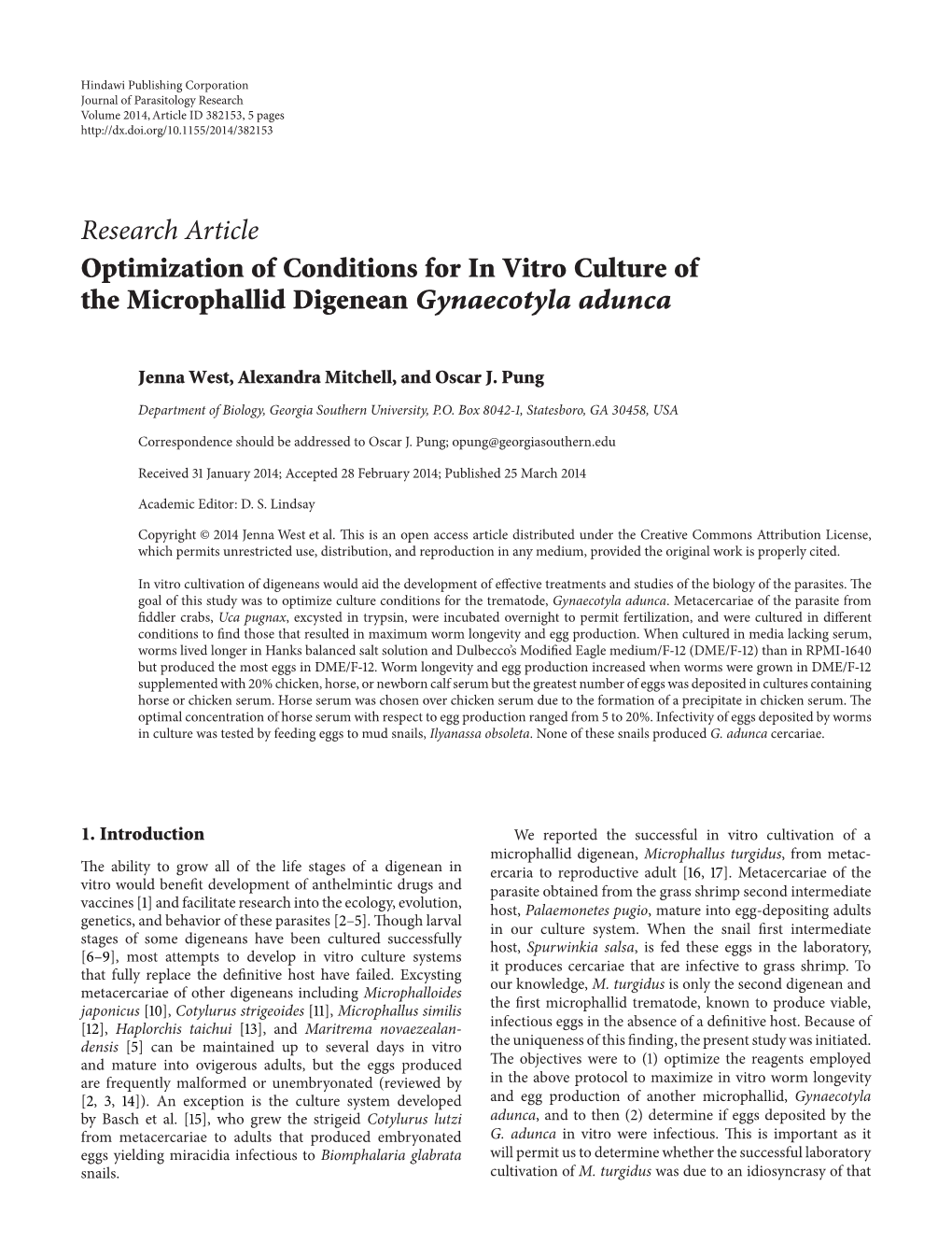 Optimization of Conditions for in Vitro Culture of the Microphallid Digenean Gynaecotyla Adunca