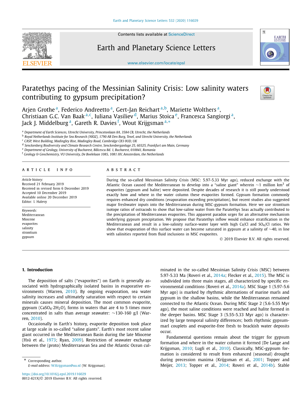 Paratethys Pacing of the Messinian Salinity Crisis: Low Salinity Waters Contributing to Gypsum Precipitation?